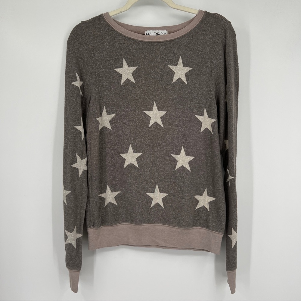 Wildfox Star Print Knit Long Sleeves Gray Crewneck Heathered Pullover Sweater